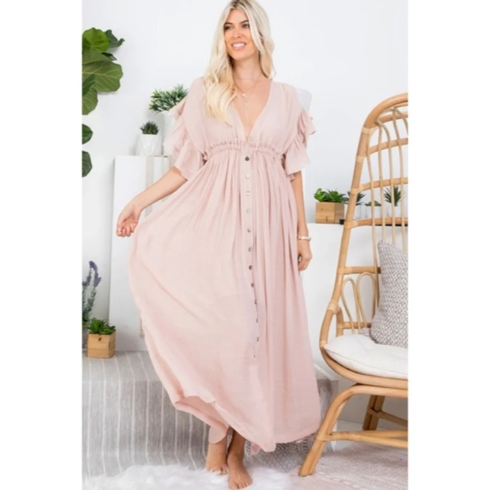 SOLD OUT Nude Blush Gauze Boho Button Short Slv Deep V Woven Gathered Maxi - Picture 1 of 6